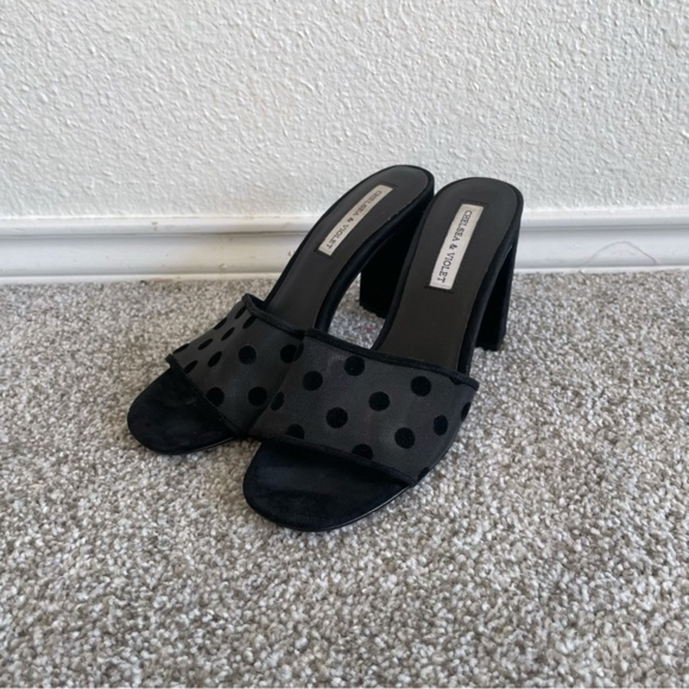 Chelsea & Violet Bella Mules Women’s Size 7.5 M Black Polka Mesh Velvet Heels